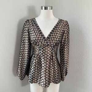 Nanette Lepore Blouse Womens 2 Black Beige Polka Dot Silk Balloon Sleeve Top USA